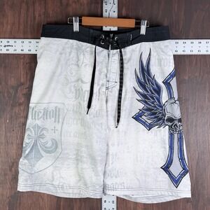 Affliction Micro Boardshort Fleur De Lis Cross Wings Board Shorts Swim Men's 34